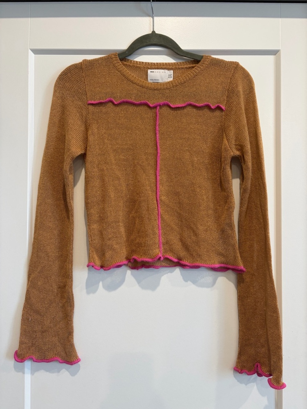 ASOS Brown Knit Long-Sleeve Top with Pink Trim